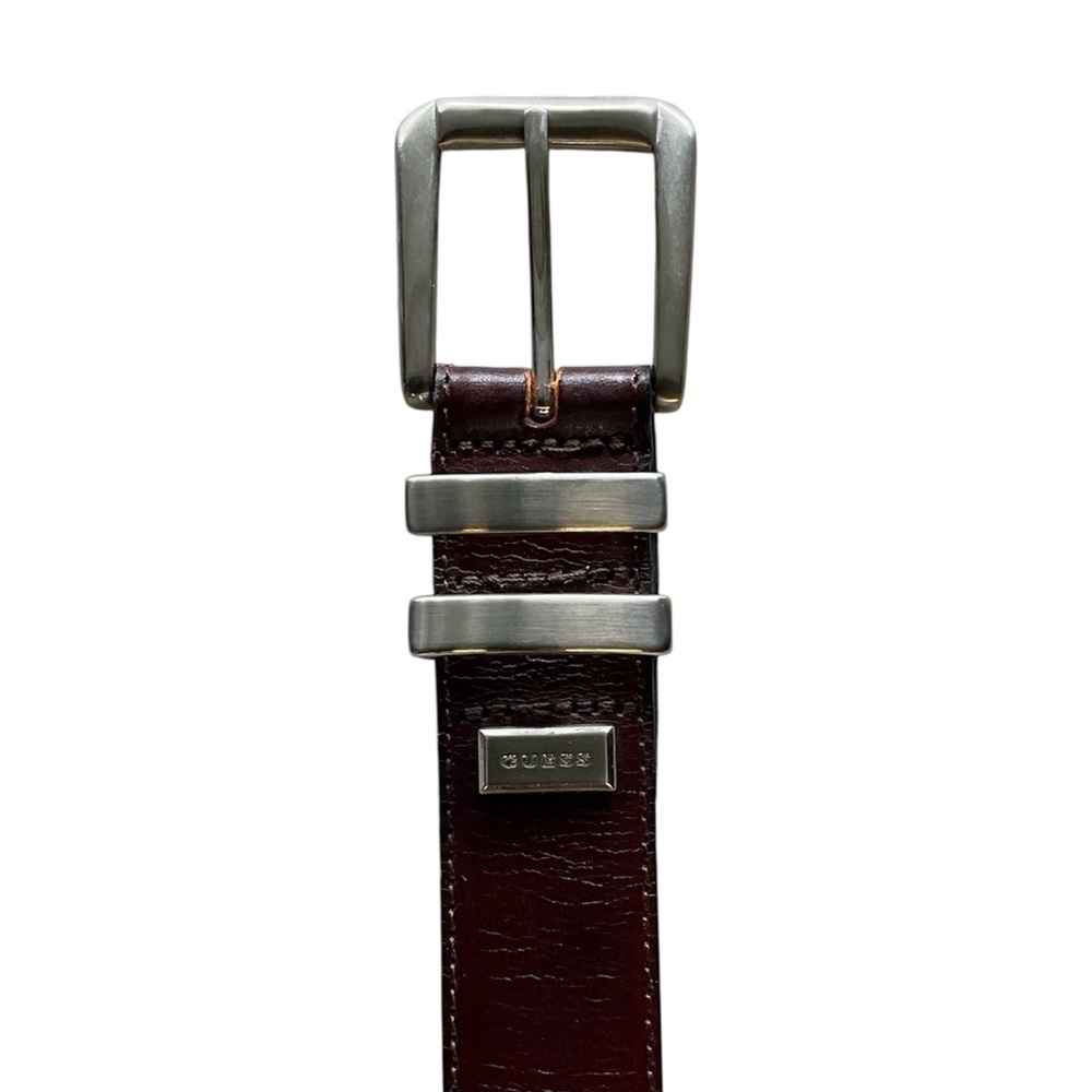 Guess Dark Maroon Leather Belt with Silver Accents
